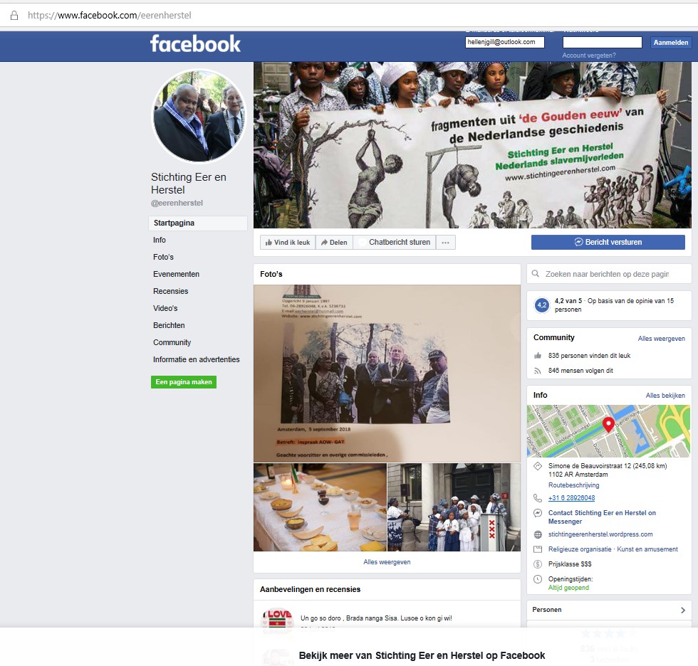 St Eer en Herstel op Facebook. Voorzitter Roy Kaikusi Groenberg.